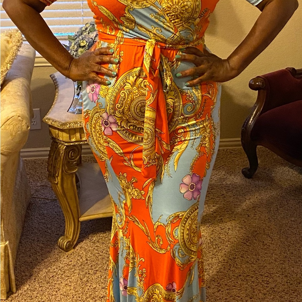 Vibrant Orange and Blue Maxi Dress
